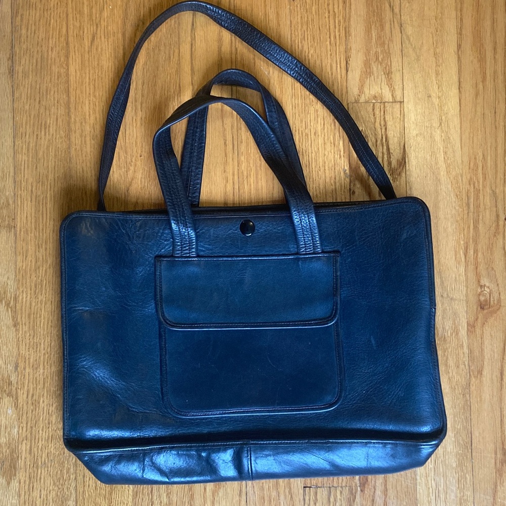 Vintage Navy Handmade Leather Large Tote Bag Handles & Shoulder Strap - Picture 4 of 15